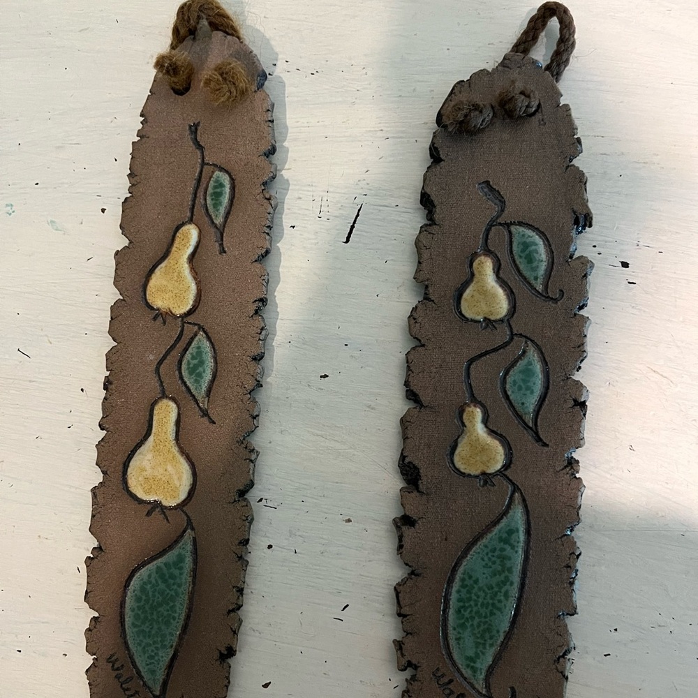 Vintage 1981 Bonnie Waletzko Art Pottery Pear and Leaf Wall Plaques Set of 2
